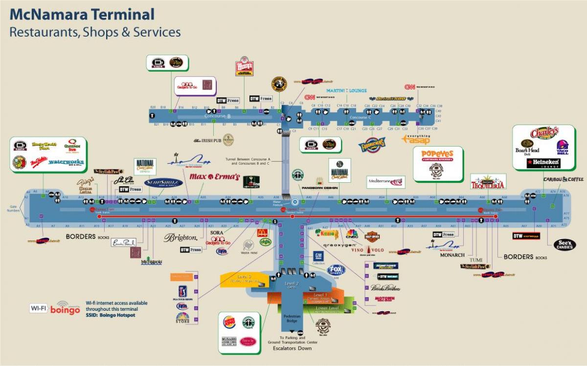 底特律机场餐厅的地图